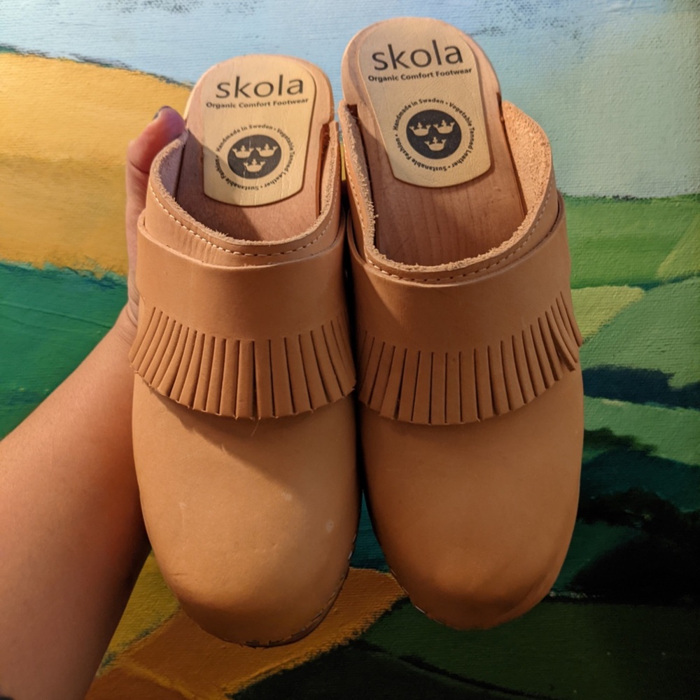 Tan Swedish Skola Heeled Clogs